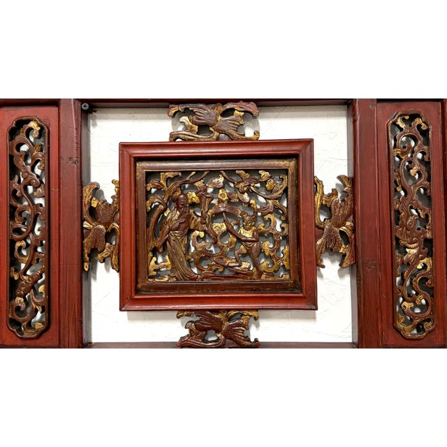 Red Pair of Chinese Gilt & Lacquered Openwork Figural Architectural Panels, 20th C. For Sale - Image 8 of 12