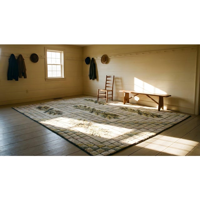 1930s Ivory Cream Floral Folk Art Holly Antique American Hooked Rug For Sale - Image 13 of 15