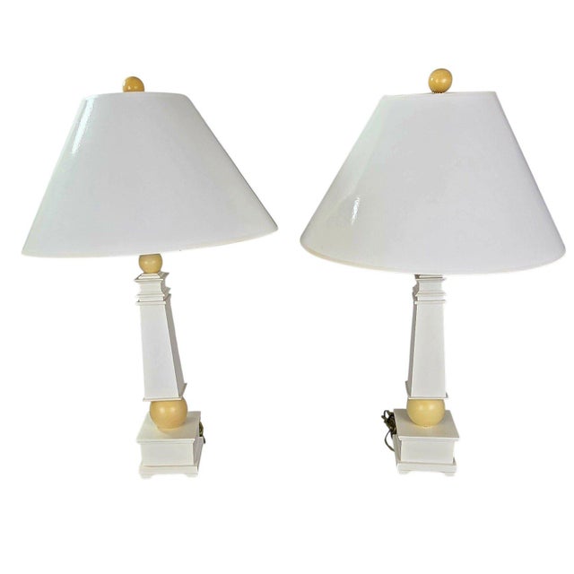Pair of Natural Light Co. White Wooden Obelisk Table Lamps With Cream Ball Accents and Shades For Sale In Chicago - Image 6 of 10