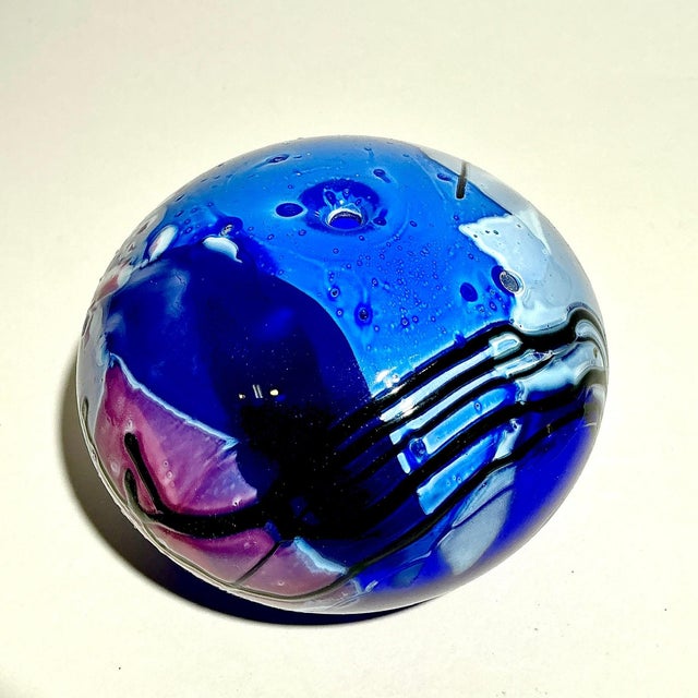 Mid-Century Modern Studio Art Glass Cobalt Oil Lamp Measures 5"Wide Artist Signed 1990-2000s For Sale - Image 3 of 9