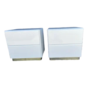 1980s Steve Chase Style Nightstand in White Lacquer and Brass Trim Base - a Pair