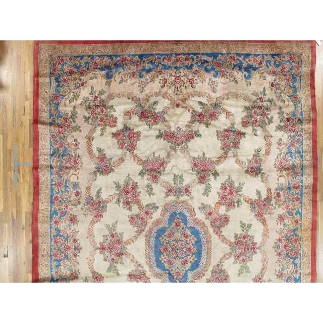 Antique Kerman Carpet, Handmade Persian Rug, Wool Carpet, Pink Red, Green, Ivory For Sale - Image 15 of 18