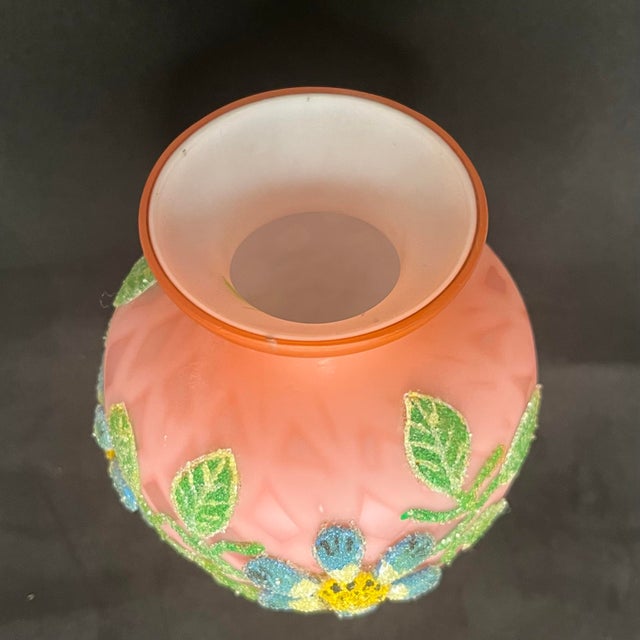 Victorian Antique Victorian Pink Satin Art Glass Vase Coralene Floral Bee Butterfly 6” For Sale - Image 3 of 10
