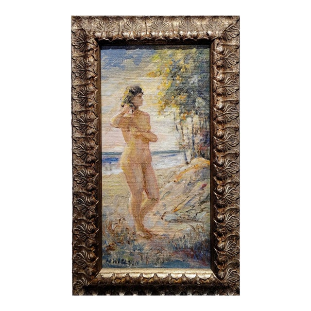 Niels Peter Nielsen- Nude Female Bather at the Beach-1930s Oil Painting For Sale