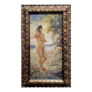 Niels Peter Nielsen- Nude Female Bather at the Beach-1930s Oil Painting