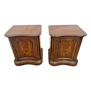 1960s Heritage Grand Tour Curved Walnut Nightstands End Tables Cabinet, Shelf Set of Two For Sale