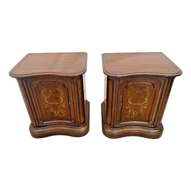 1960s Heritage Grand Tour Curved Walnut Nightstands End Tables Cabinet, Shelf Set of Two For Sale