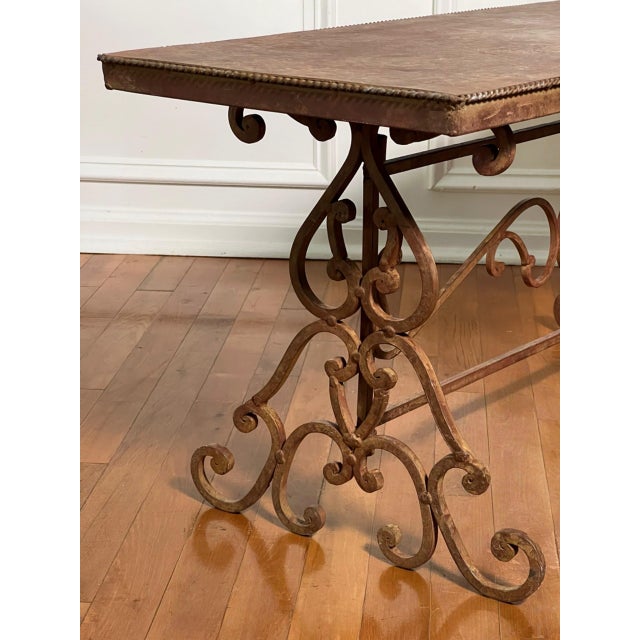 Regency Scroll Iron Bench, Coffee Table, Faux Leather Trompe-l'Oeil Top, 1960s For Sale In Philadelphia - Image 6 of 13