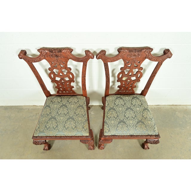 1980s Baker Furniture Style Chippendale Carved Mahogany Side Chairs or Dining Chairs, Pair For Sale - Image 5 of 13
