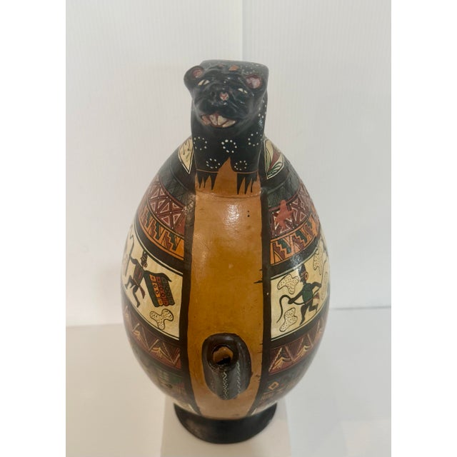 Mid 20th Century Large Peruvian Folk Art Pottery Vase With Jaguar Handle & Llama Motif 14” Tall For Sale In Phoenix - Image 6 of 12