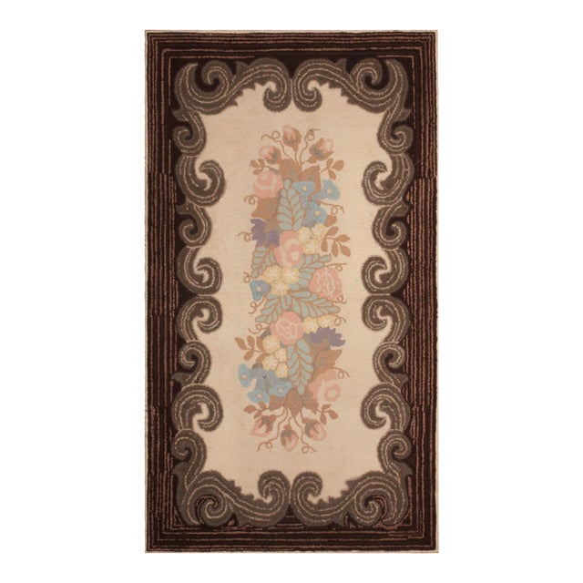 1940s Ivory Floral Folk Art Antique American Hooked Rug 3'2" X 5'8" Handknotted Wool Carpet For Sale