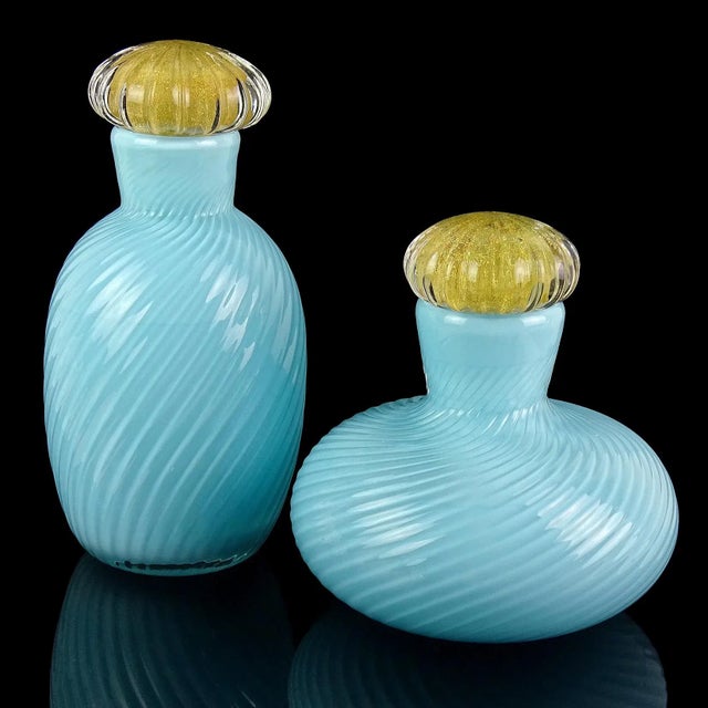 Beautiful vintage Murano hand blown Sommerso sky blue and gold flecks Italian art glass vanity / bathroom jars or bottles....