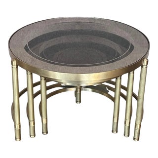 Set of Three Round Brass Nesting Tables With Smoked Pink Glass Tops For Sale
