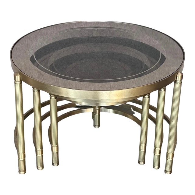 Set of Three Round Brass Nesting Tables With Smoked Pink Glass Tops For Sale