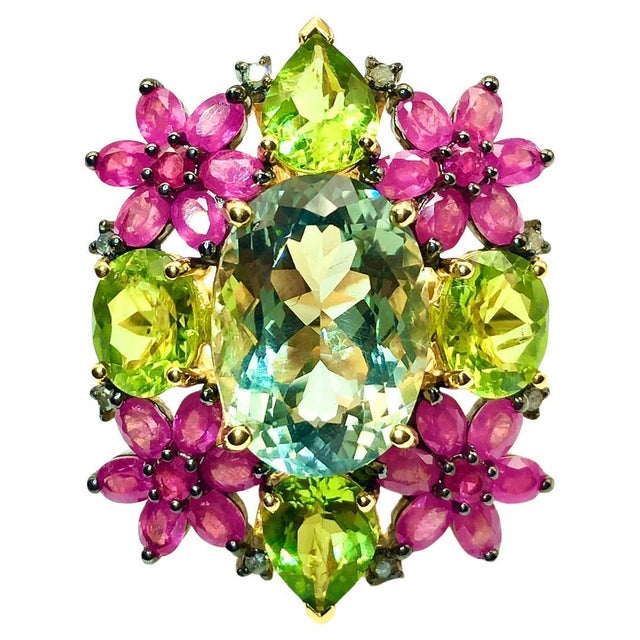 Bochic “Orient” Vintage Diamond, Peridot, Tourmaline & Blue Topaz Ring Set 18K & Silver Green Peridot - 5 Carat Purple...