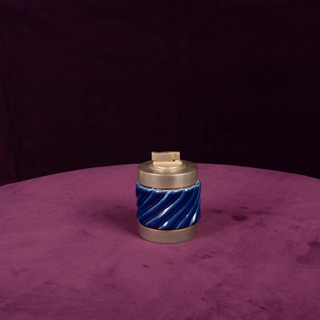 Blue Glazed Ceramic and Brass-Toned Metal Table Lighter by Tommaso Barbi, 1970s For Sale - Image 3 of 17