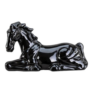 Vintage Glossy Black Horse Sculpture, Stylized Equestrian Figure For Sale