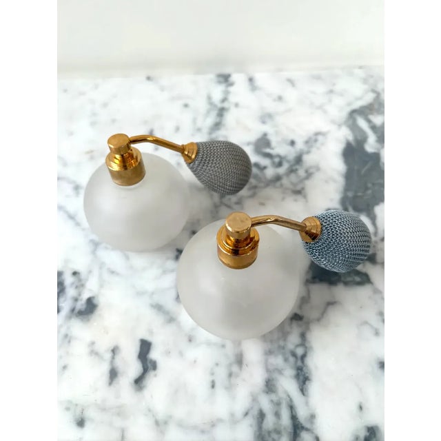 Vintage Waltersperger Frosted Glass and Brass Perfume Bottles (Pair) With Silvertone Mesh Atomizer - France For Sale - Image 4 of 7