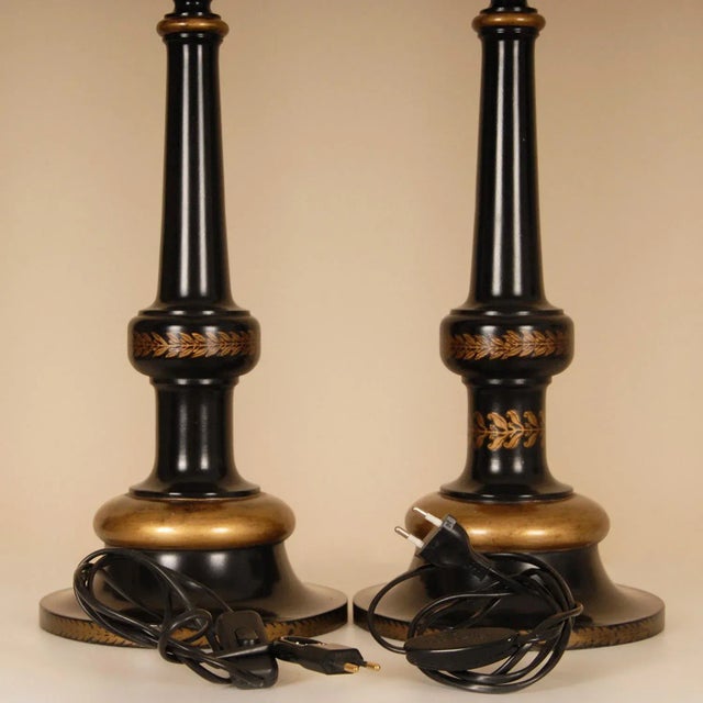 Black Vintage English Table Lamps Gold Ebonised Black Column Lamps - A Pair For Sale - Image 8 of 9
