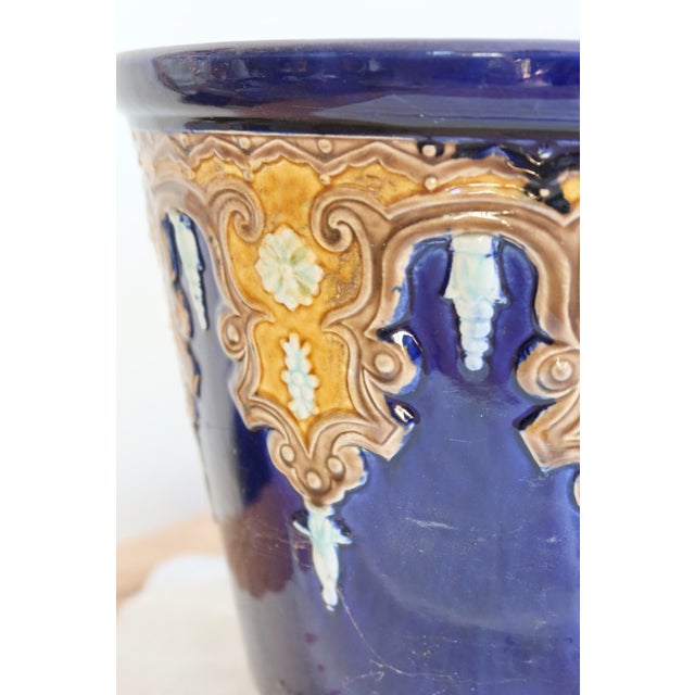 Blue Antique Fives-Lille Cachepot in Blue Glazed Ceramic with Neo-Renaissance Decor by Gustave De Bruyn, 19th Century For Sale - Image 8 of 11