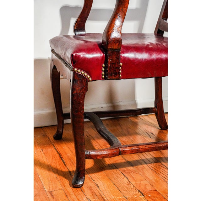 Wood Beautiful English Antique Carved Wood Walnut Desk Arm Chair Leather Seat For Sale - Image 7 of 18