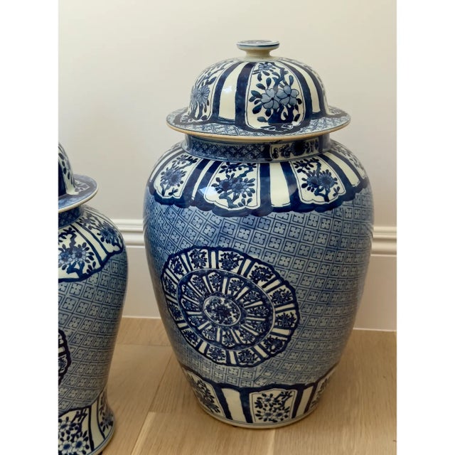 Asian Set of 3 Large Blue & White Jars From Barclay Butera For Sale - Image 3 of 7