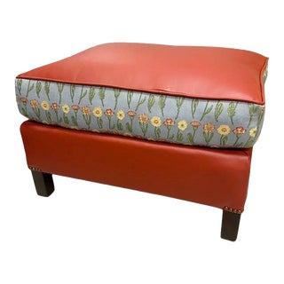 Ottoman Reupholstered in Italian Leather and Jacquard Fabric - Mid 20th Century For Sale