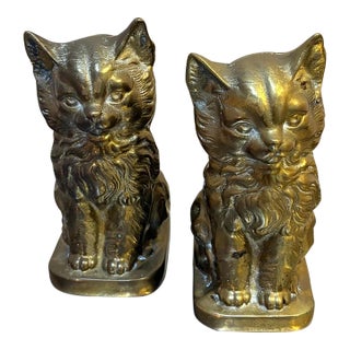 1960s-70s Heavy Brass Kitten Bookends For Sale