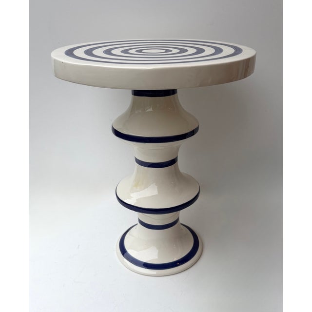 Contemporary Pair of Blue and White Ceramic Stripe Side Tables. Italy For Sale - Image 4 of 12