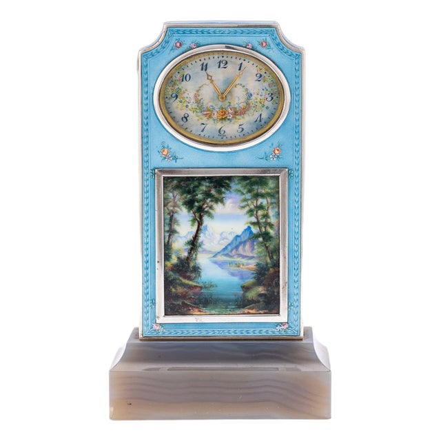 Swiss Silver and Guilloche Enamel Travel Clock, 1900s For Sale