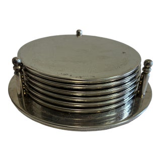 Vintage Silver Engraved Coaster Set – Set of 6 Coasters With Holder For Sale