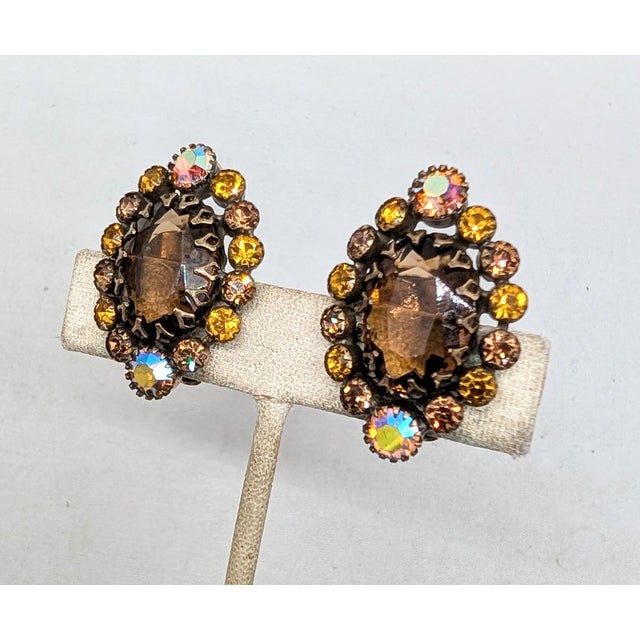 Kramer Vintage 1960s Signed Kramer of Ny Faux-Topaz & Orange Aurora Borealis Clip Earrings-2 Pieces For Sale - Image 4 of 9