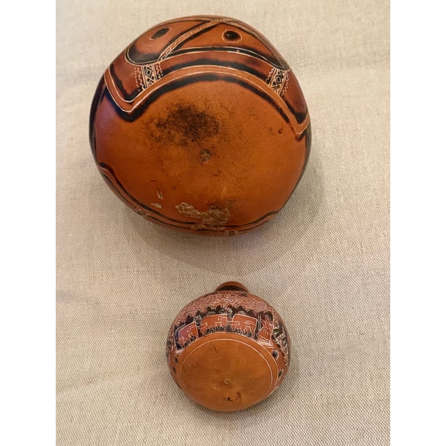 Folk Art Large Vintage Peruvian Mate Burilado Hand-Carved Storytelling Gourd Rattles – Pair For Sale - Image 3 of 12