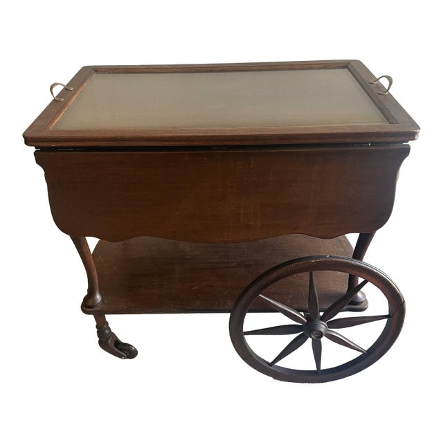 Antique Mahogany Butler’s Cart - Glass Serving Tray Top - Drop Leaf Sides For Sale