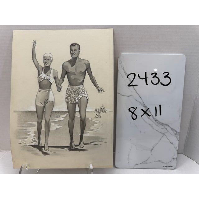 Original Signed Graphite Illustration of Couple Walking Along the Beach, 11 X 8 In. For Sale In Atlanta - Image 6 of 6