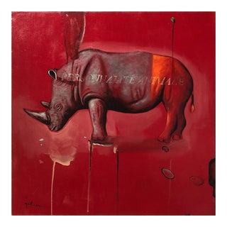 Red Rhino, Contemporary Oil on Canvas, Animal Painting Colorful and Playful, 2007 For Sale