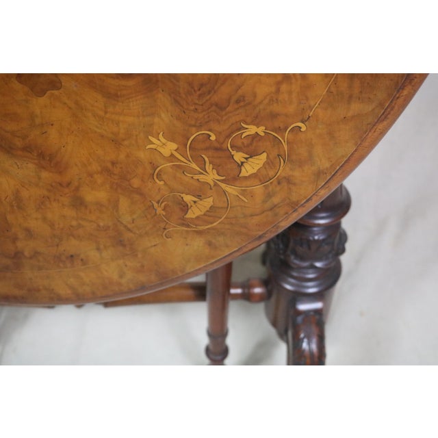 English Victorian Period Burl and Satinwood Inlaid Sutherland Drop Leaf Table For Sale - Image 4 of 12