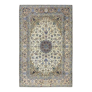 Traditional Mid Century Modern Beige Floral 4 Star Isfahan Handknotted Silk Rug For Sale