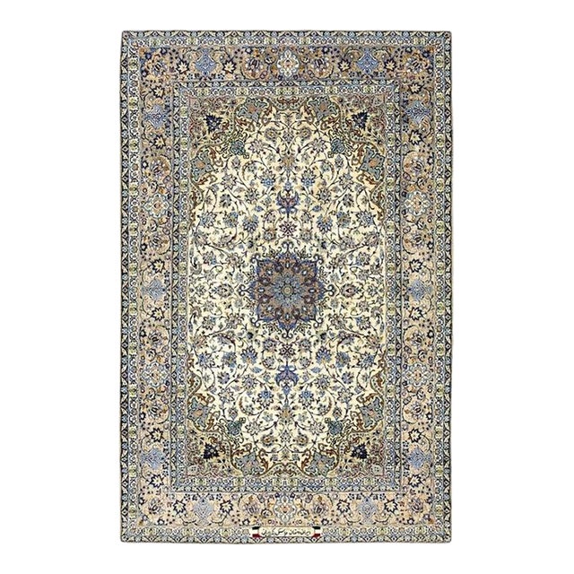 Traditional Mid Century Modern Beige Floral 4 Star Isfahan Handknotted Silk Rug For Sale
