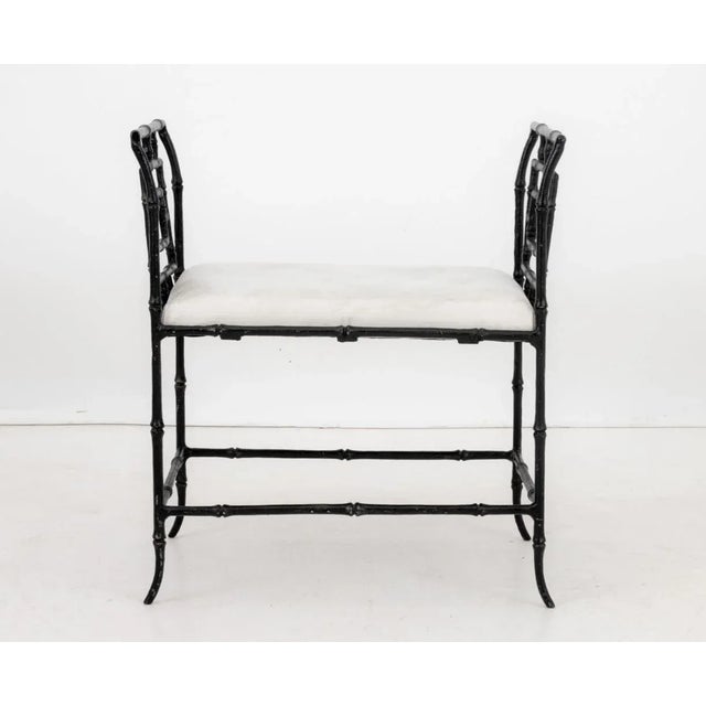 Bamboo Motif Black Patinated Cast Iron Window Seat, with upholstered cushion and Global Views label to underside. 28.5" H...