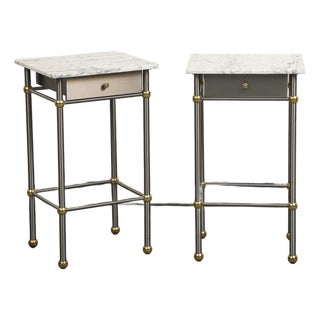 Pair of 20th Century Hollywood Regency Style Marble, Brass and Steel End Tables For Sale
