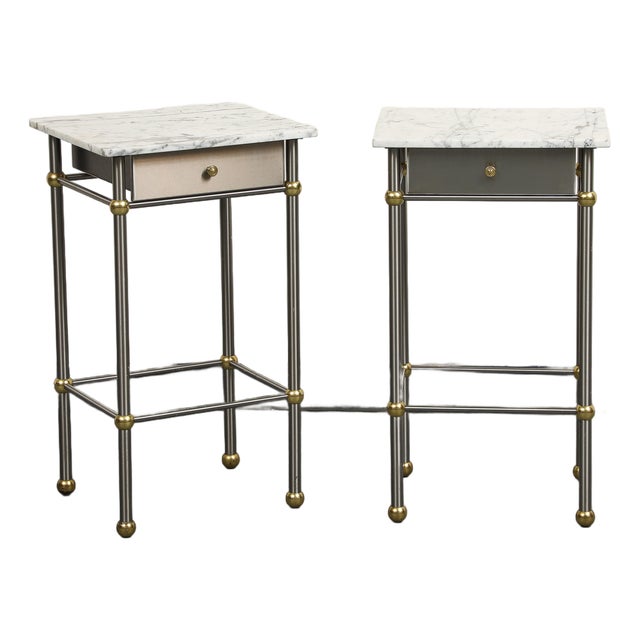 Pair of 20th Century Hollywood Regency Style Marble, Brass and Steel End Tables For Sale