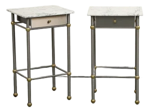 Pair of 20th Century Hollywood Regency Style Marble, Brass and Steel End Tables