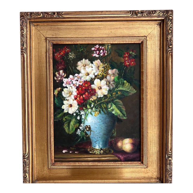 1980s Signed Beautiful oil painting of flowers and vase // signed flower still life // framed artwork // one of a kind // original artwork // elegant For Sale