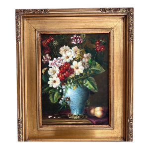 1980s Signed Beautiful oil painting of flowers and vase // signed flower still life // framed artwork // one of a kind // original artwork // elegant