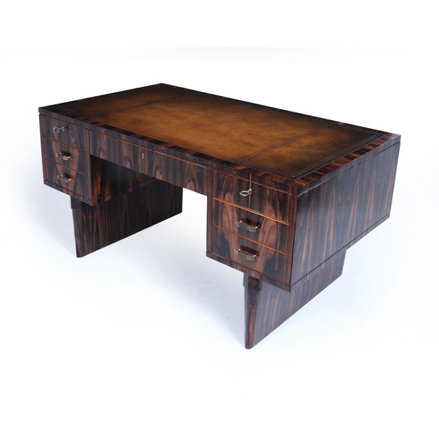 Wood Art Deco Italian Macassar Ebony Desk with Leather Top, 1950s For Sale - Image 7 of 18