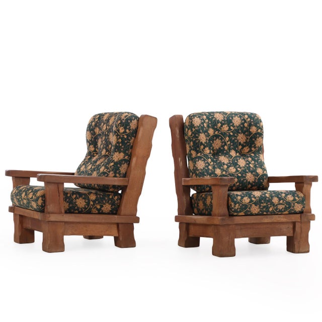 A Pair of French Heavy Oak Brutalist Style Open Arm Chairs, C. 1960. For Sale - Image 4 of 8