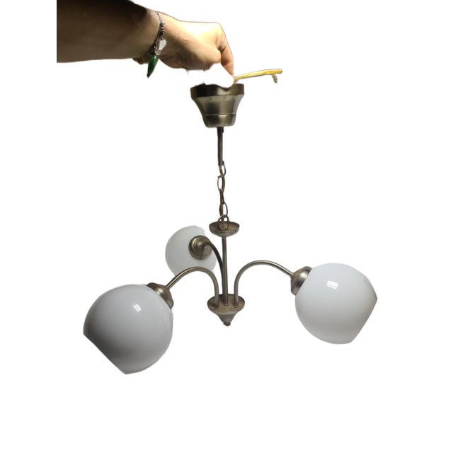 Art Deco Glass and Brass Chandelier, Poland, 1970s For Sale - Image 4 of 12