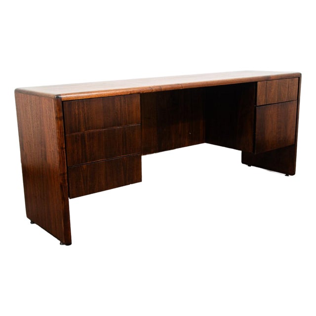 Mid Century Modern Desk Office Credenza Walnut 5 Drawer Wood File Vintage MCM For Sale