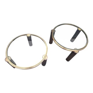 Vintage Hollywood Regency Brass Tone/ Glass Round Coffee Tables by Dia a - Pair For Sale